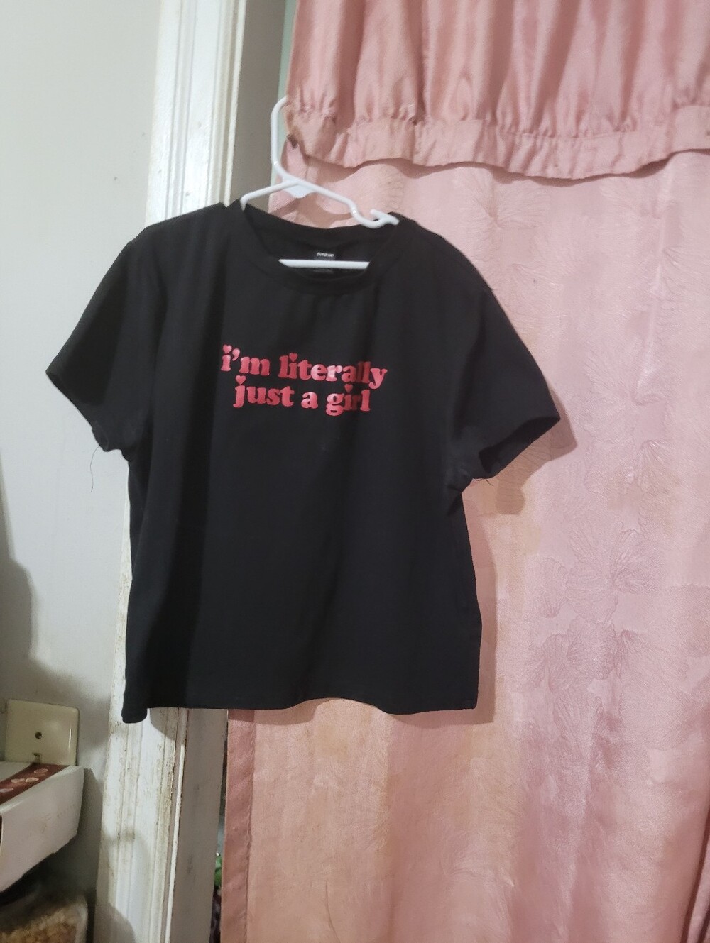 SHEIN Black Short Sleeve Tee with Pink Slogan